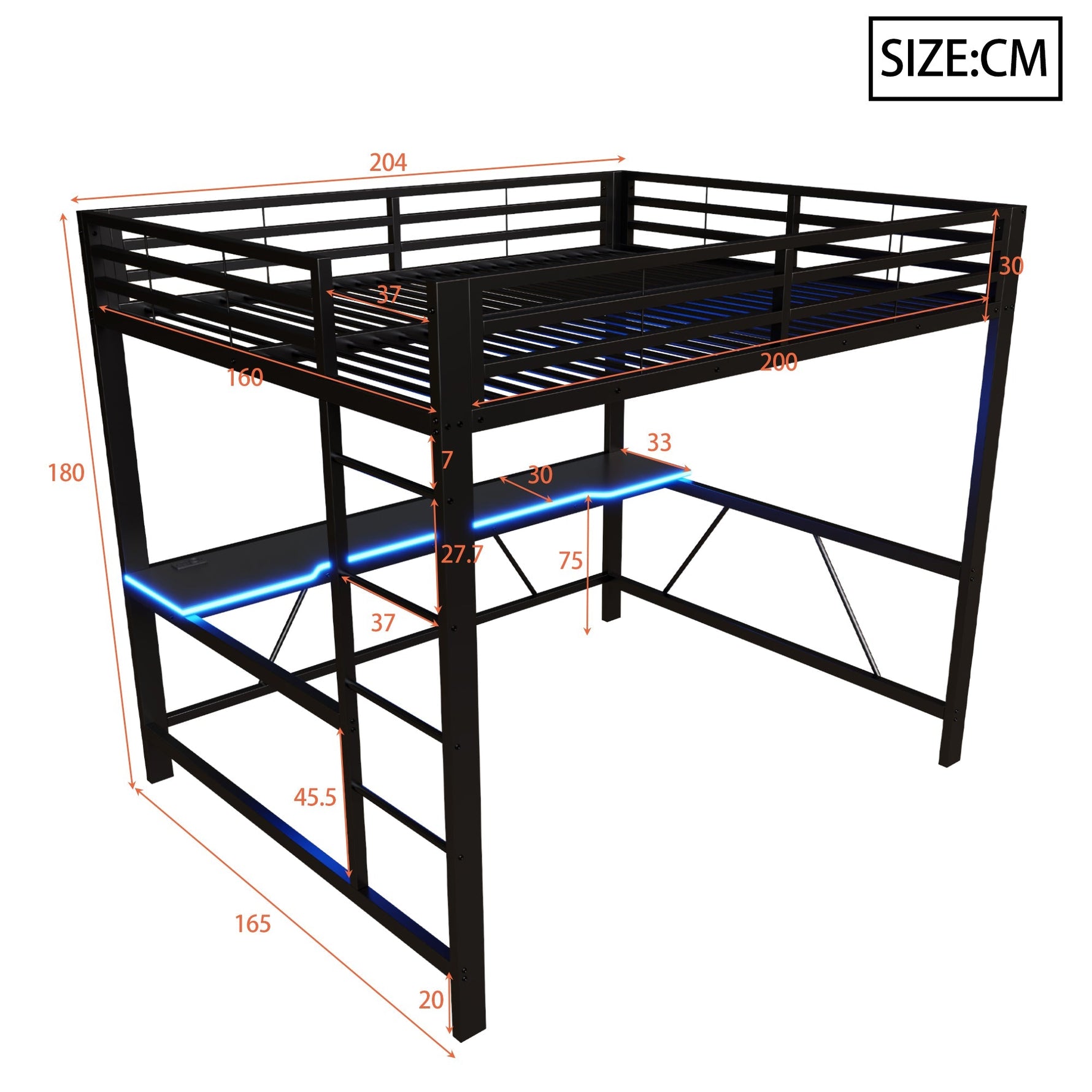 Gaming Metal Loft Bed Frame with LED Lighting, USB Station and Desk, 160x200, Black