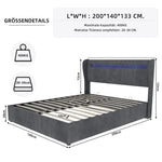 Modern Minimalist Upholstered Bed, LED Headboard, 140x200cm, Grey