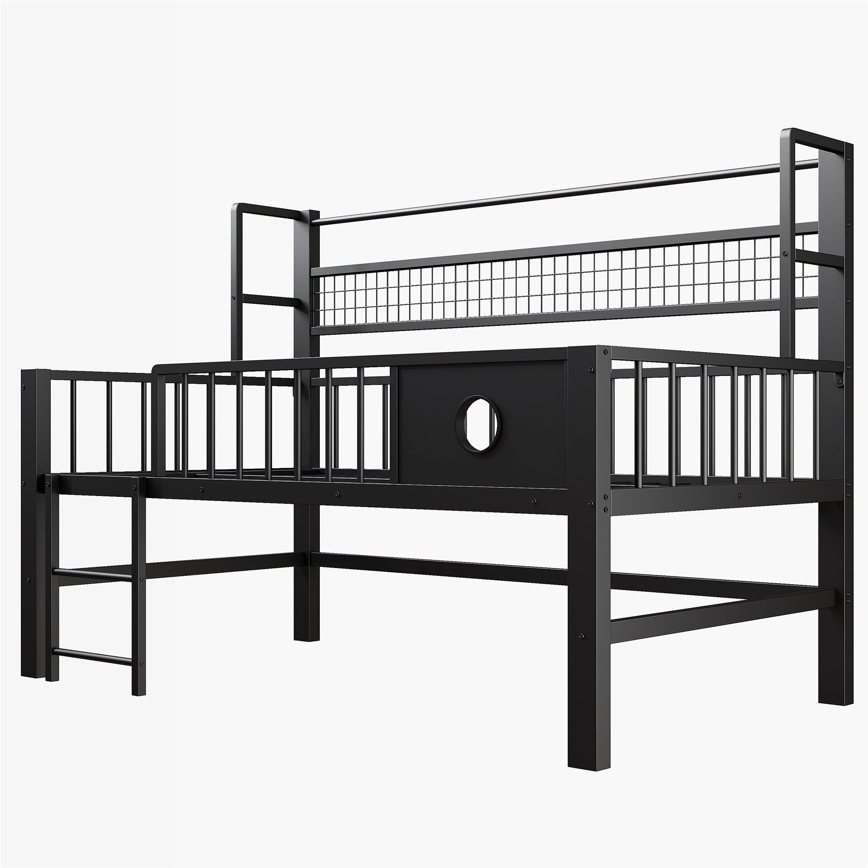 Low Loft Bed with Storage Compartments, 90x200cm, Black Metal