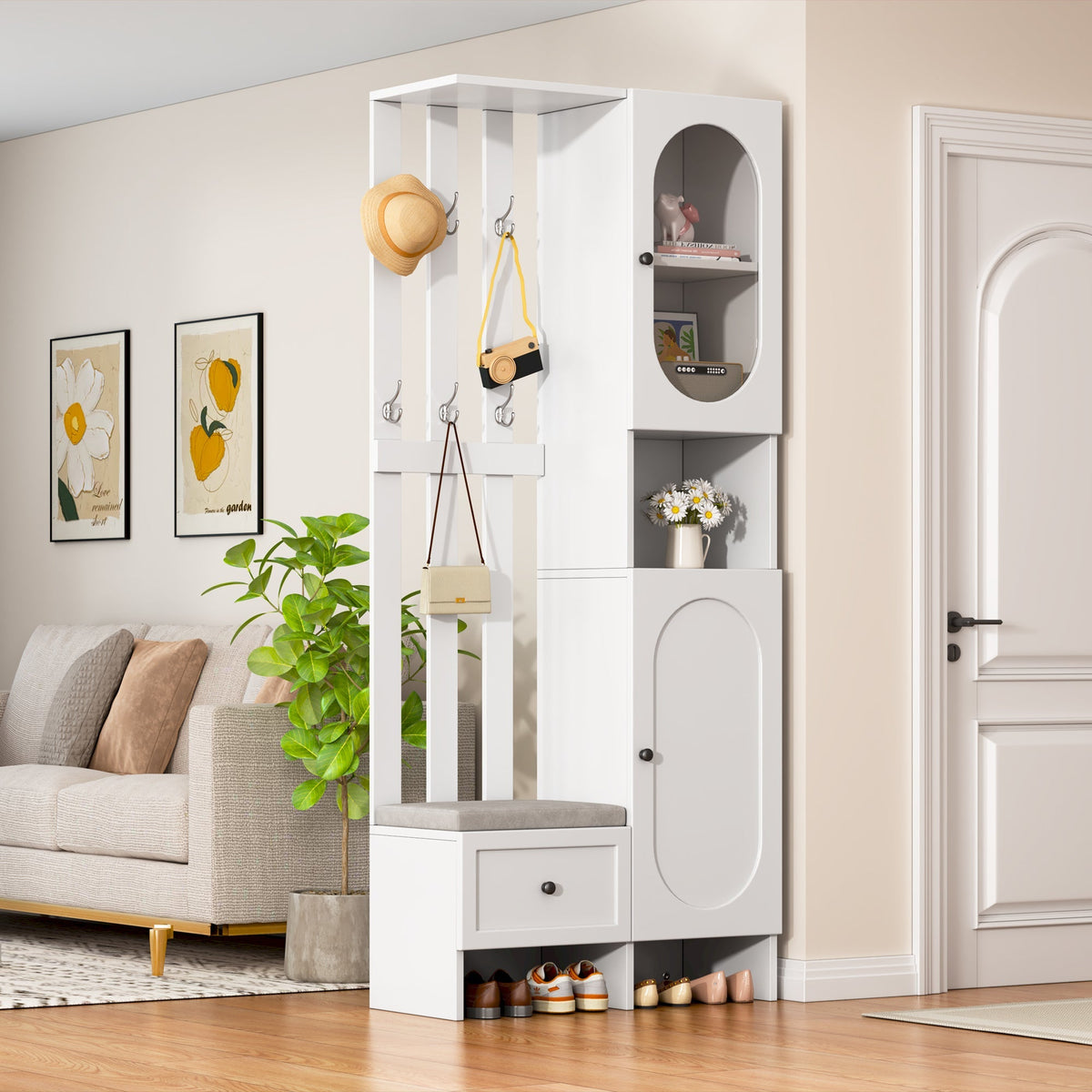 Compact Wardrobe Set with 2 Cabinets, Tempered Glass, Shoe Bench & Cushion, White
