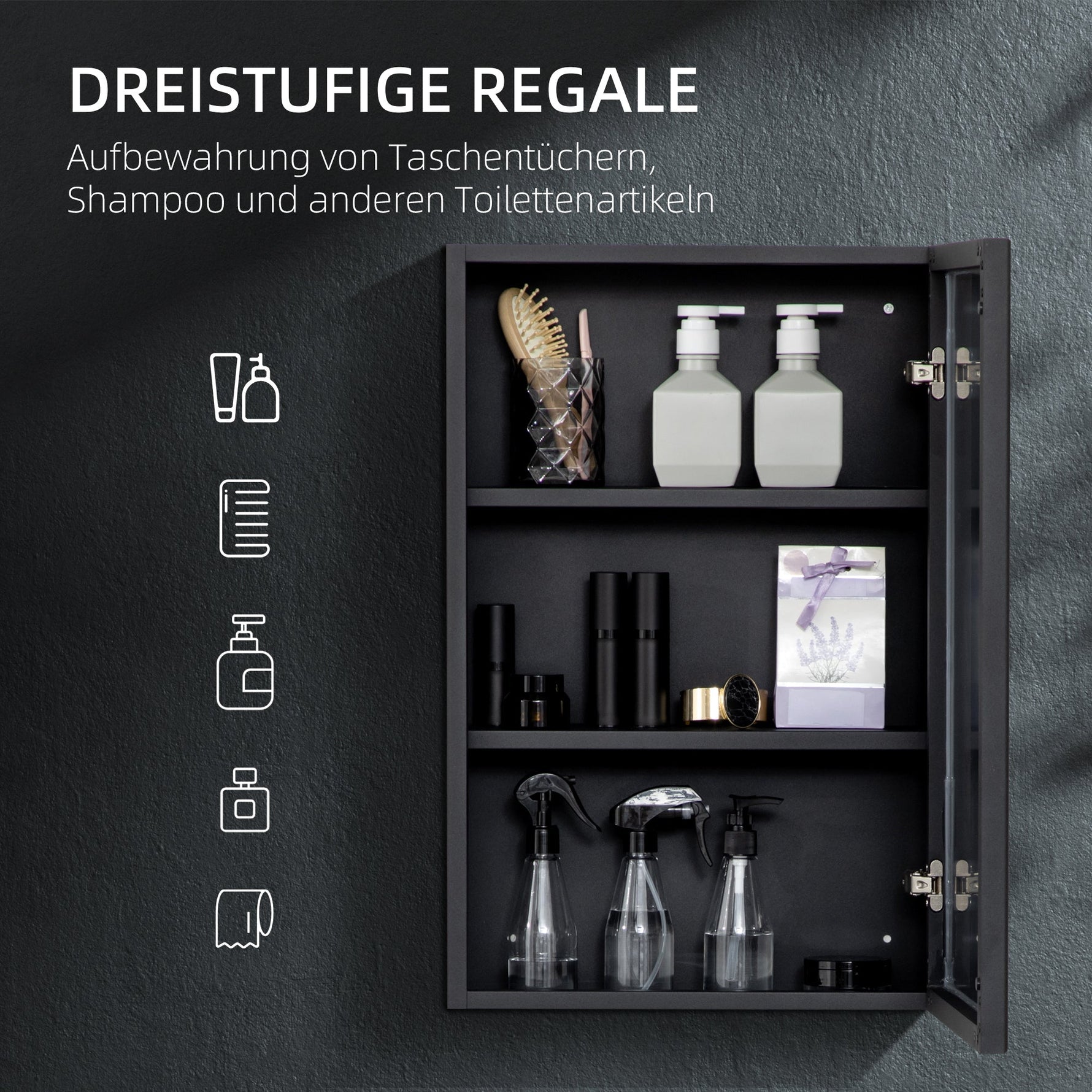 kleankin Mirror Cabinet, 3-Tier Bathroom Medicine Wall, Black