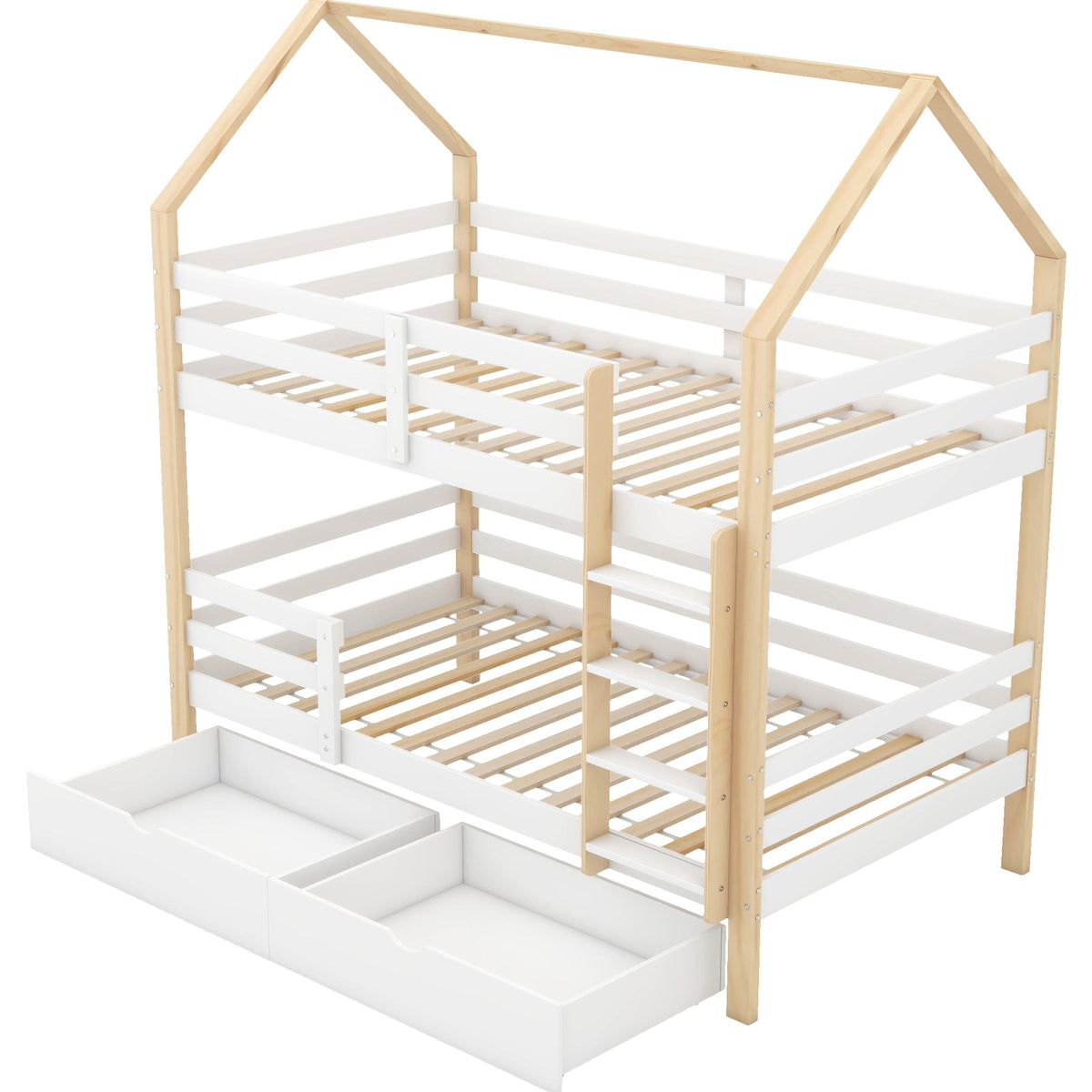 Children's House Bed 90x200cm with Large Drawers Pine Wood white+wood color