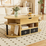 Modern Wood Grain Coffee Table with Lifting Function, Storage, and Black Fabric Drawers