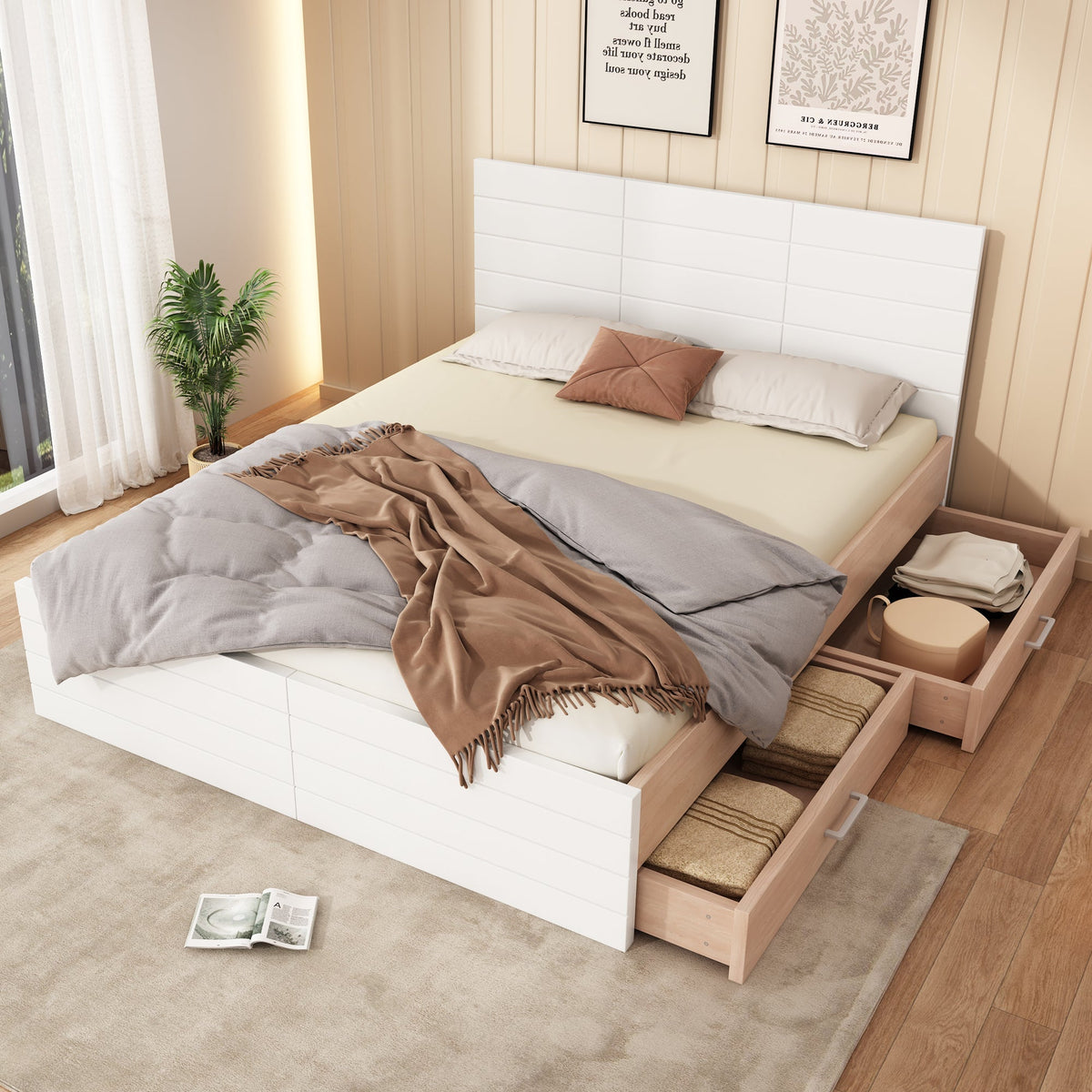 Double Wooden Bed, 180x200cm with 2 Drawers & Slatted Frame, Oak/White