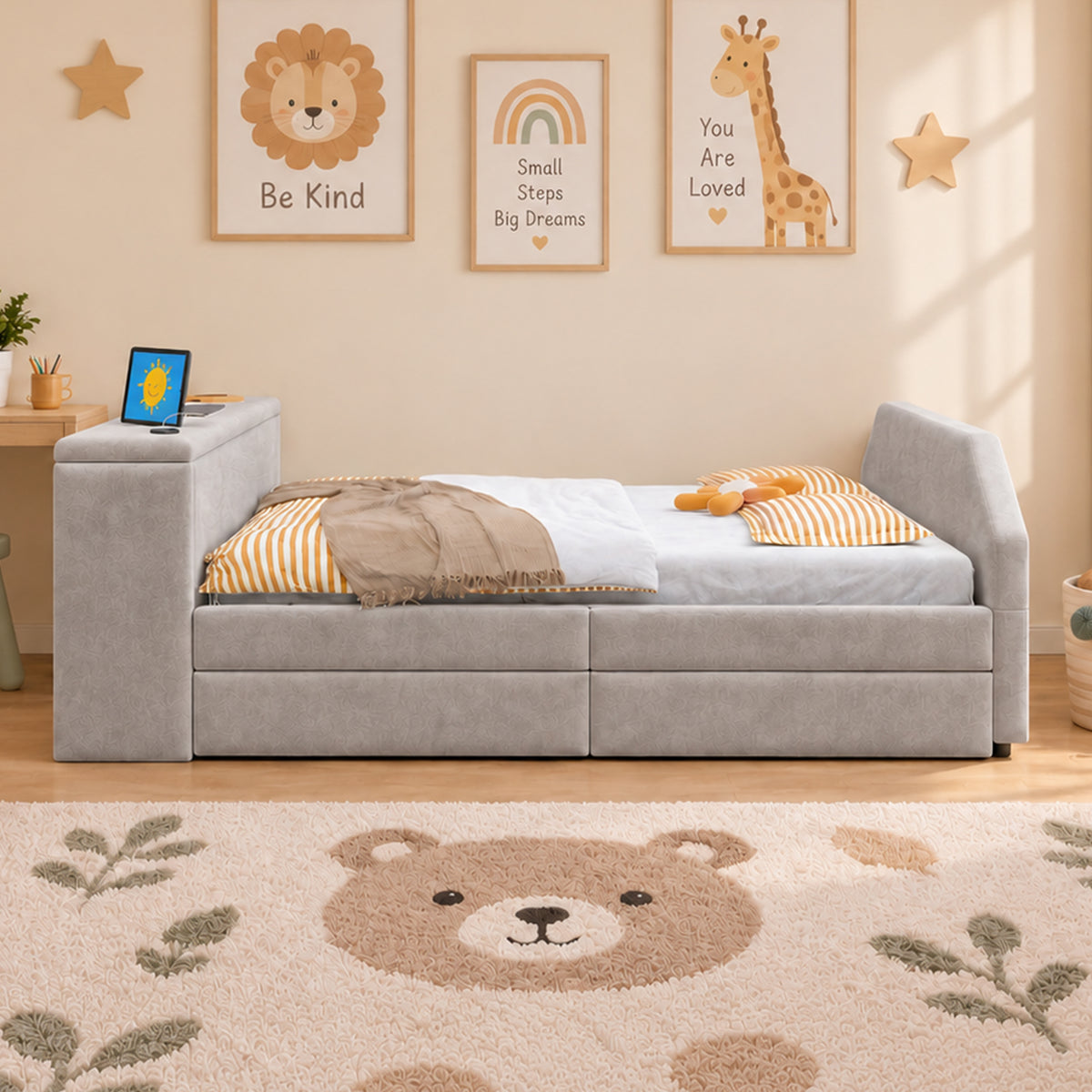 Upholstered Kids Bed 90x200 with Desk & Trundle, Grey Velvet