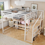 Loft Bed with TV Stand, Power Outlet and Safety Ladder, 140x200cm, White Metal and Wood