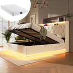Upholstered Bed Double, 360 LED, Hydraulic Storage, USB-C, 140x200 cm, White PU