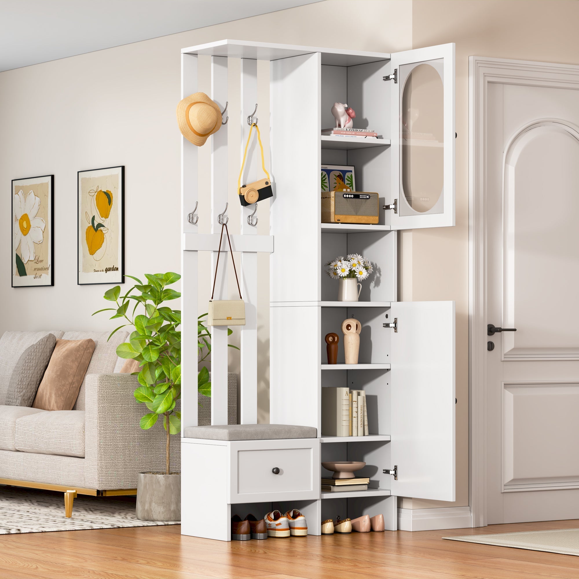 Compact Wardrobe Set with 2 Cabinets, Tempered Glass, Shoe Bench & Cushion, White