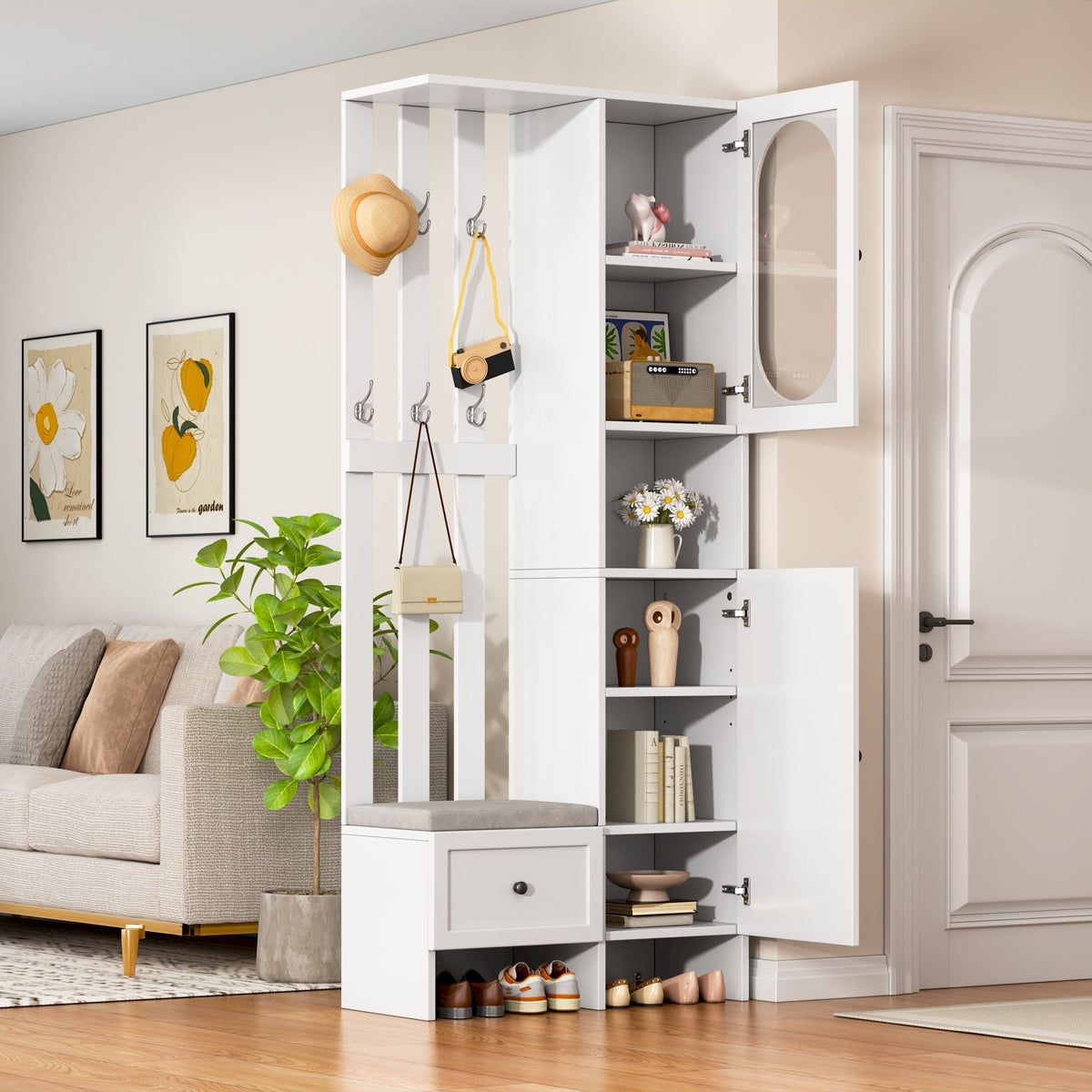 Compact Wardrobe Set with 2 Cabinets, Tempered Glass, Shoe Bench & Cushion, White