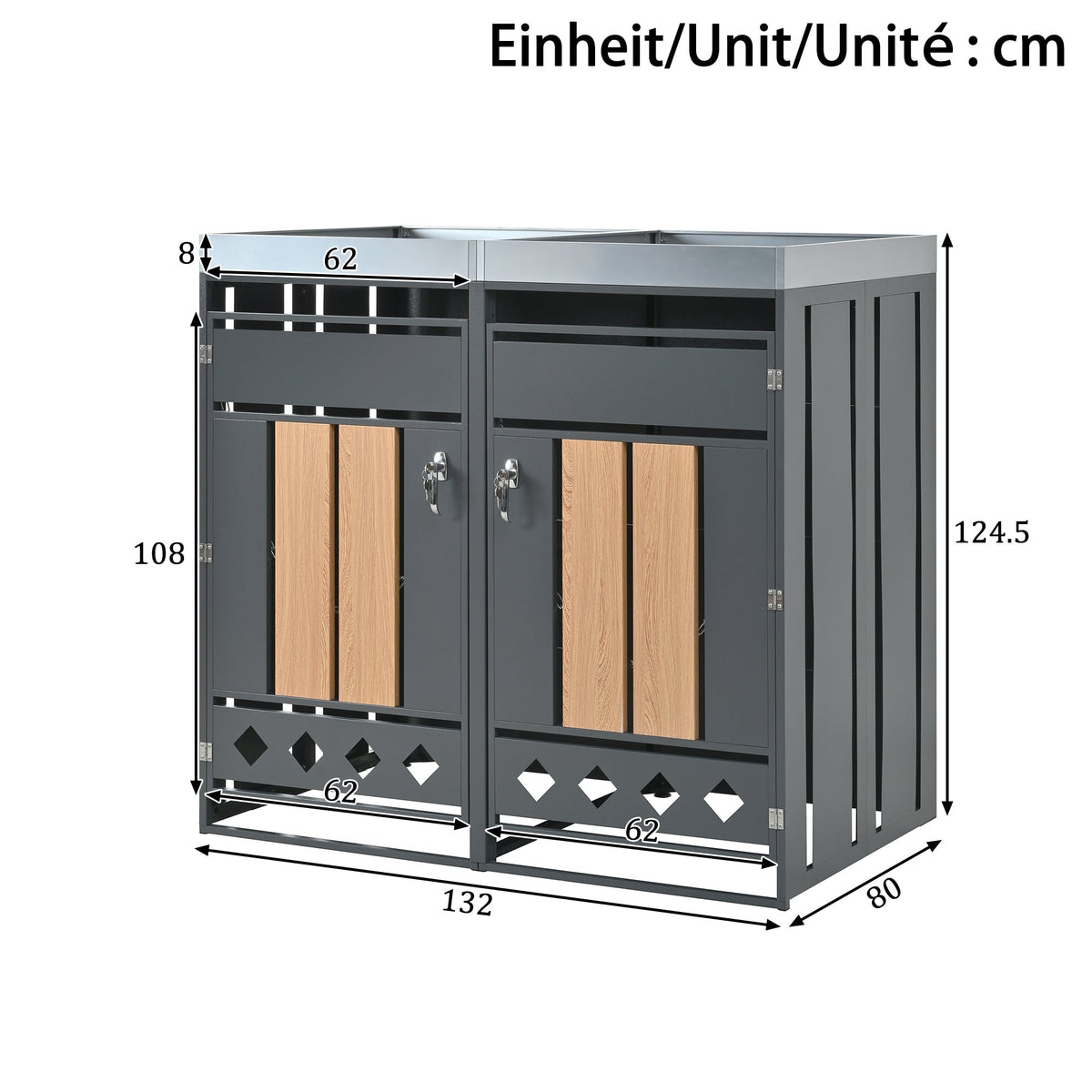Bin Storage Unit with Planting Area, Lockable Two Doors and Hollow Base, Wood Grain Wood