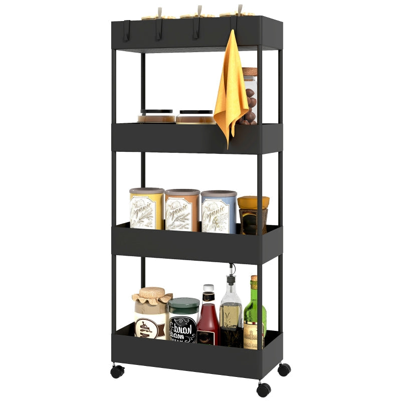 Rolling Cart, 4-Tier with Wheels & Brakes, Plastic Black