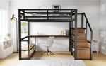 Metal Loft Bed 140x200cm, Storage Ladder, Shelves, Table, Safety Fence, Black