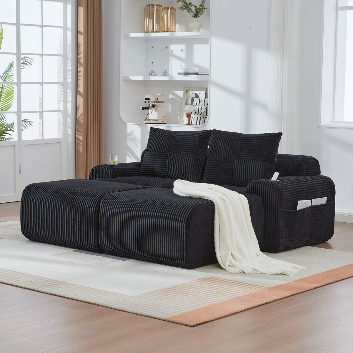 Modular 2-Seater Sofa with 2 Ottomans, Cupholder and Storage Pocket, Black Corduroy