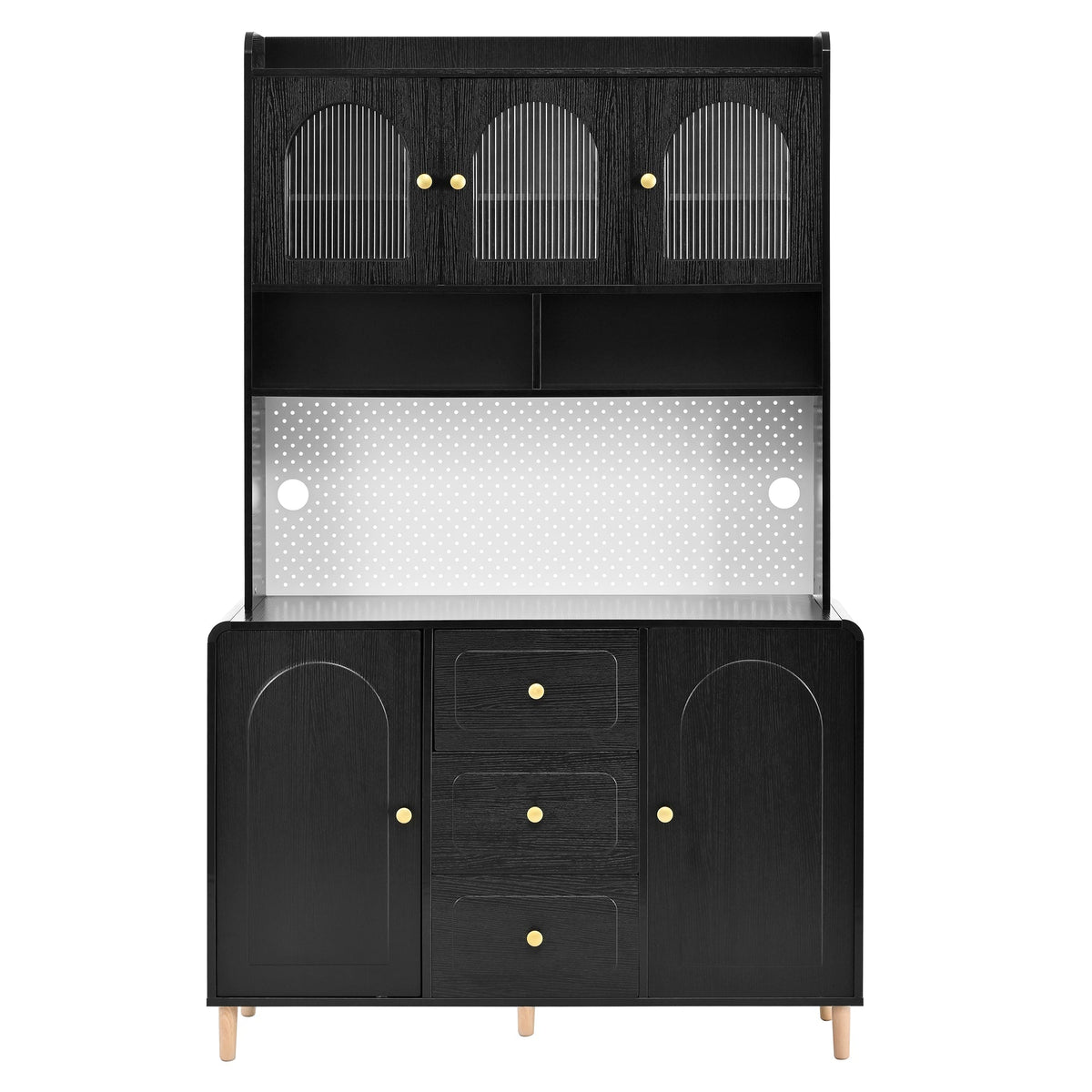 Tall Cabinet Sideboard with Pegboard Drawers Storage Solid Wood Legs Black