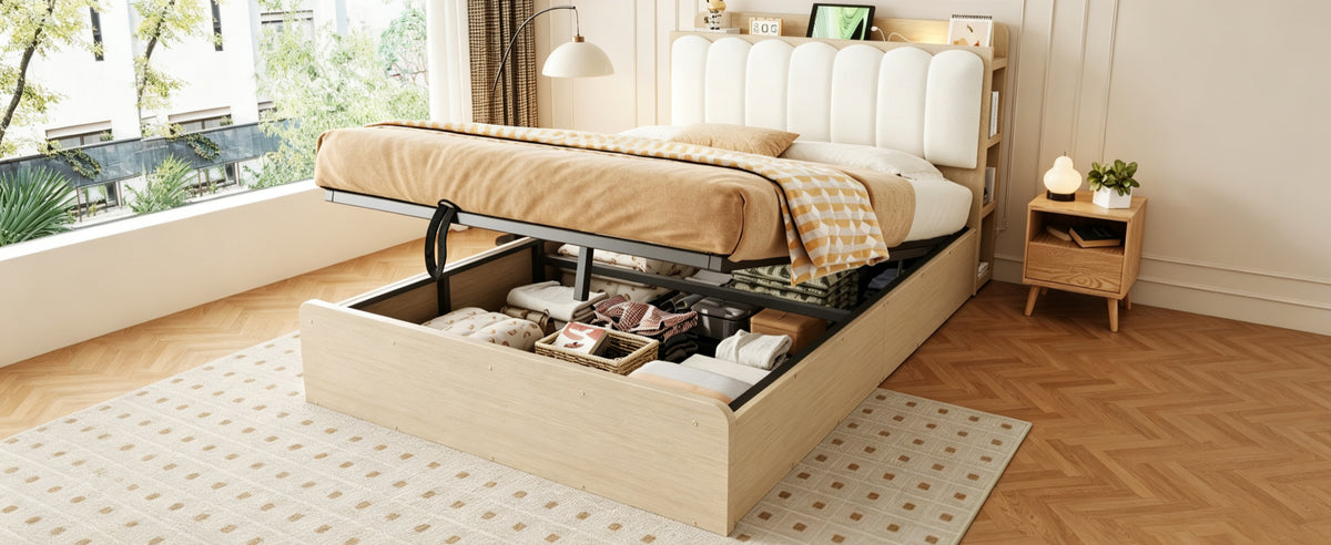 Wooden Flatbed 140x200 with Hydraulic Storage & USB, Wood Color