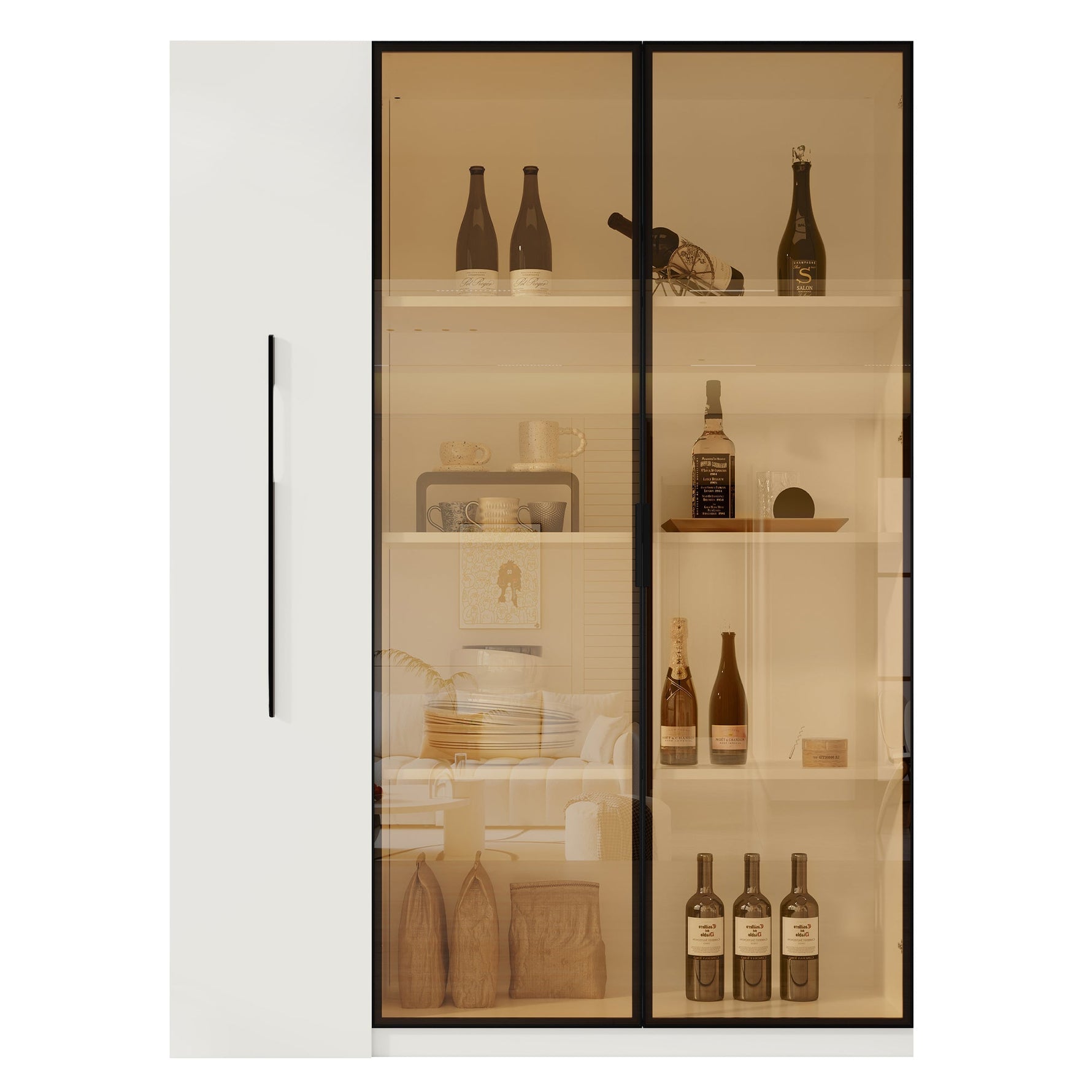 Multifunctional Cabinet with Glass Door, LED Lighting and Side Pull-out, Amber Glass and MDF