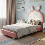 Upholstered Single Bed with Rabbit-Shaped Headboard and LED Light Strip, 90x200cm, Pink and White PU + Plywood