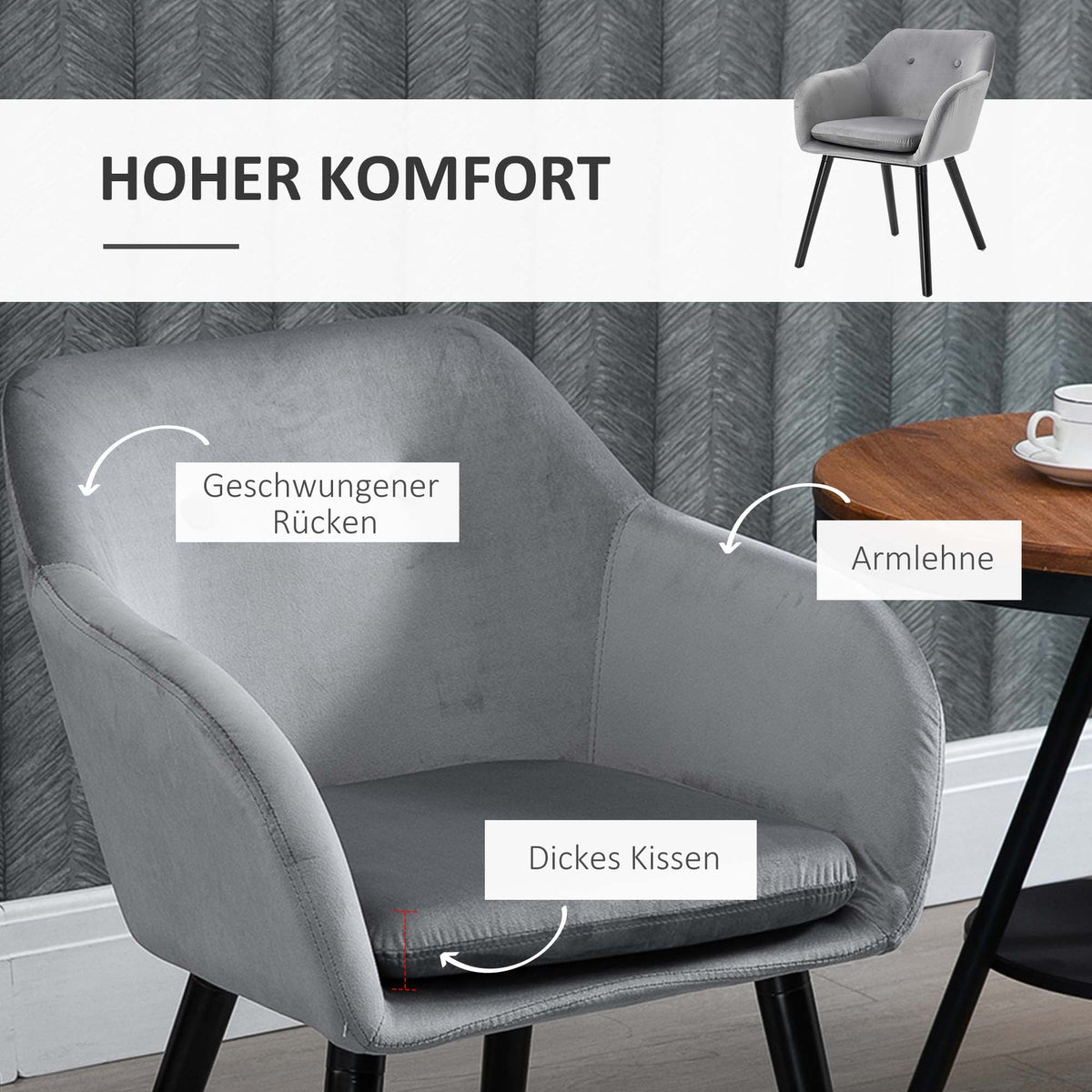 Dining Chairs, Set of 2, Upholstered with Backrest, Velvet Grey