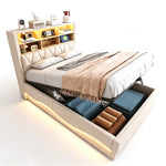 Upholstered Bed 140x200 with Storage & LED, Beige Linen