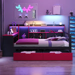 Multifunctional Wooden Sofa Bed with Desk, Bookshelf, Lighting and Sockets, 90x200cm, Black and Red Wood