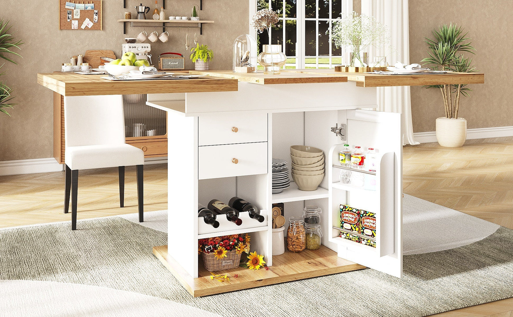 Telescopic Dining Table with Extendable Design and Wine Rack, White