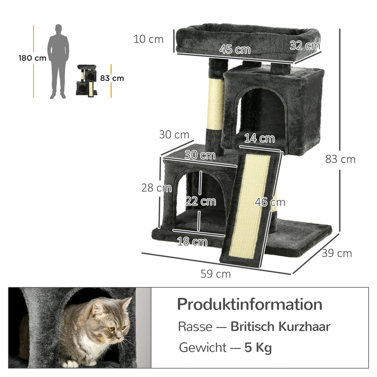Sisal Cat Tree, Scratching Board Plush, Dark Grey