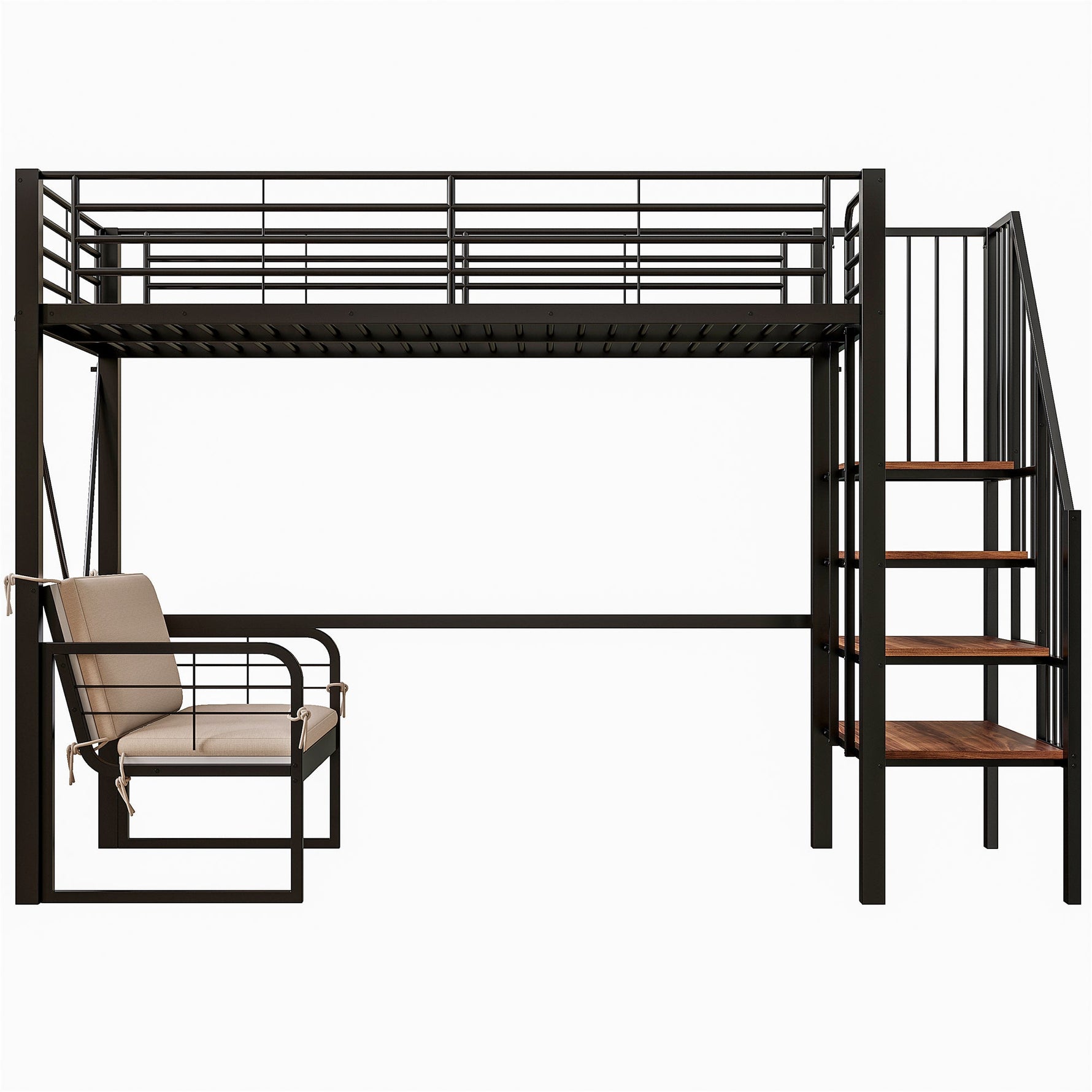 Bunk Bed with Removable Sofa, Storage and Safety Stairs, 90x200cm, Black Metal