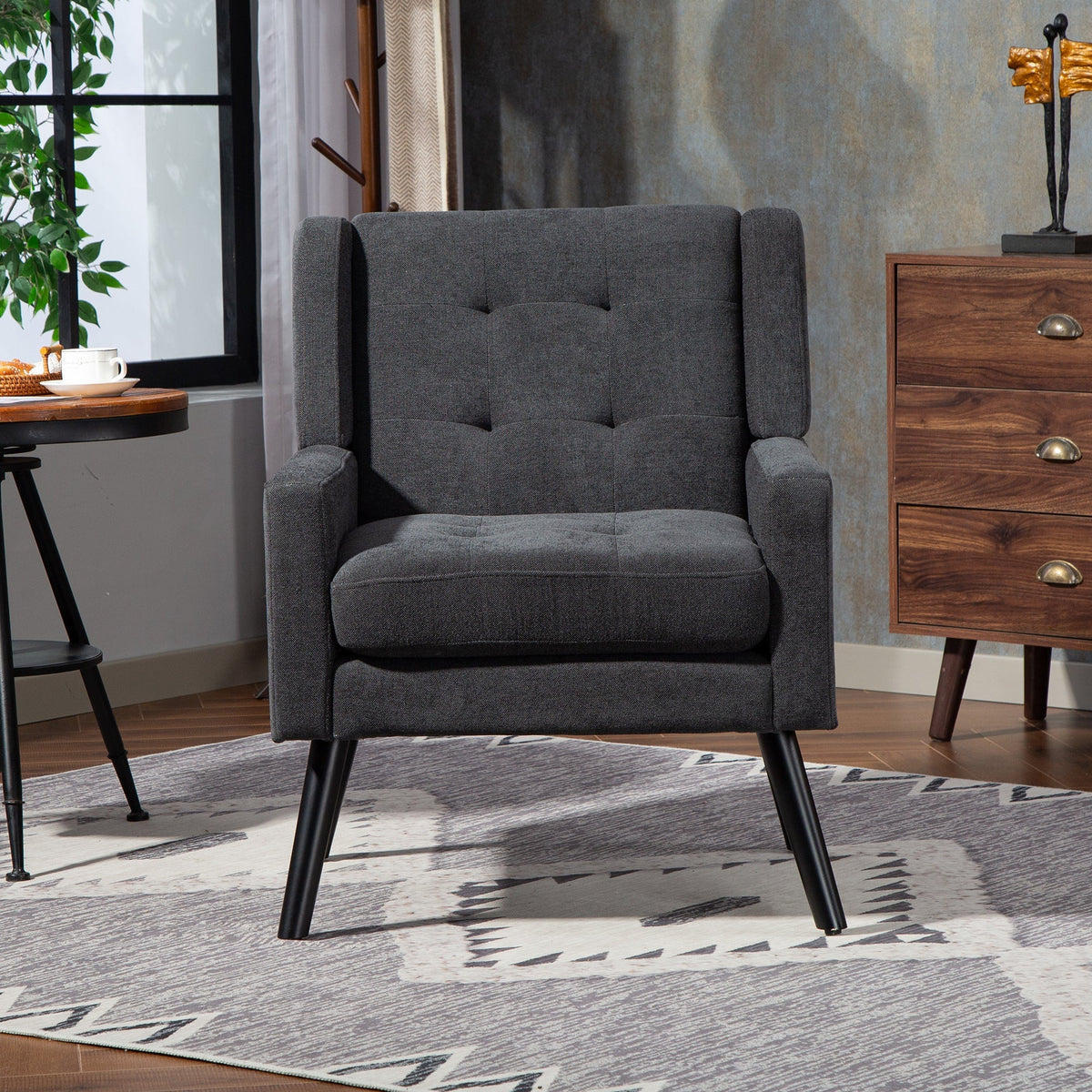 Upholstered Armchair with High-Density Foam and Solid Wood Legs, Black Suede