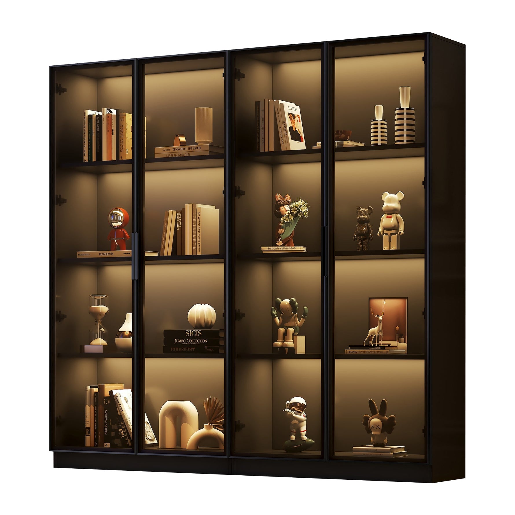 Glass Display Case, App-Controlled LED Lighting 4-Door Storage Cabinet, Freestanding