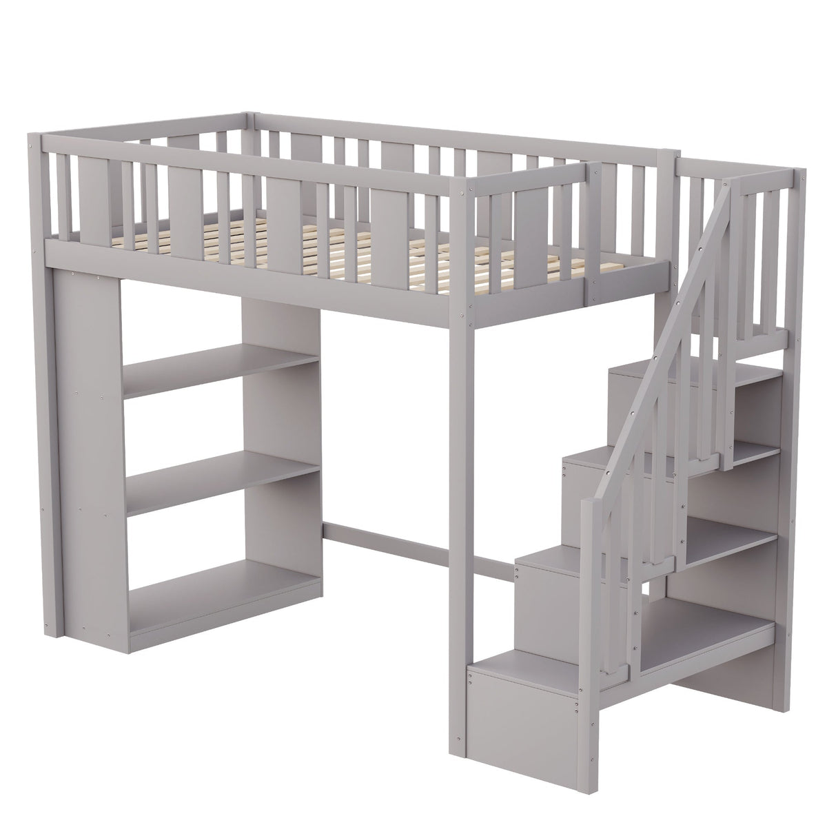 Loft Bed, 90 x 200 cm, Storage Stairs & Compartments, Wood, Grey