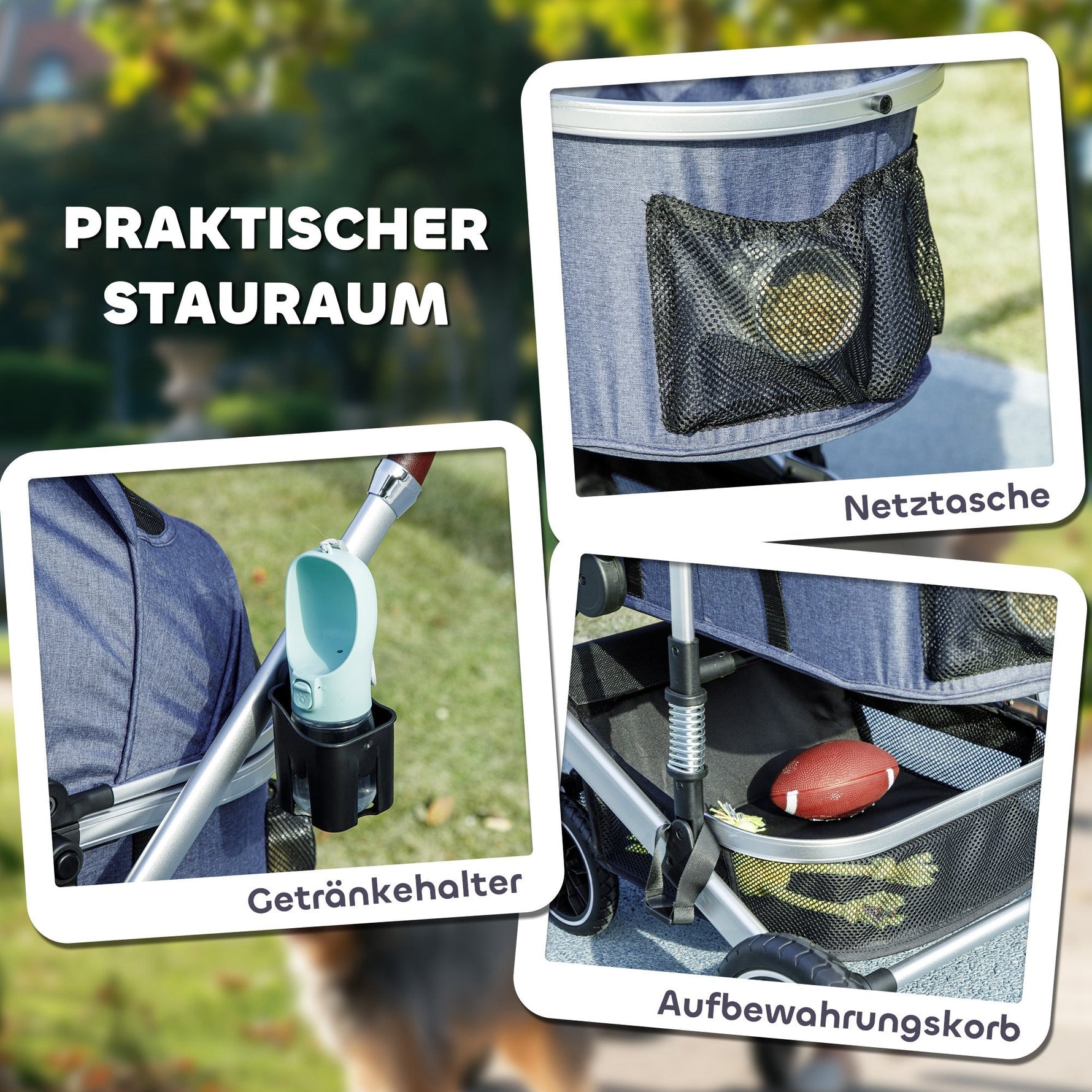 Dog Stroller, 3-in-1 Foldable Buggy with Cushion, Dark Blue
