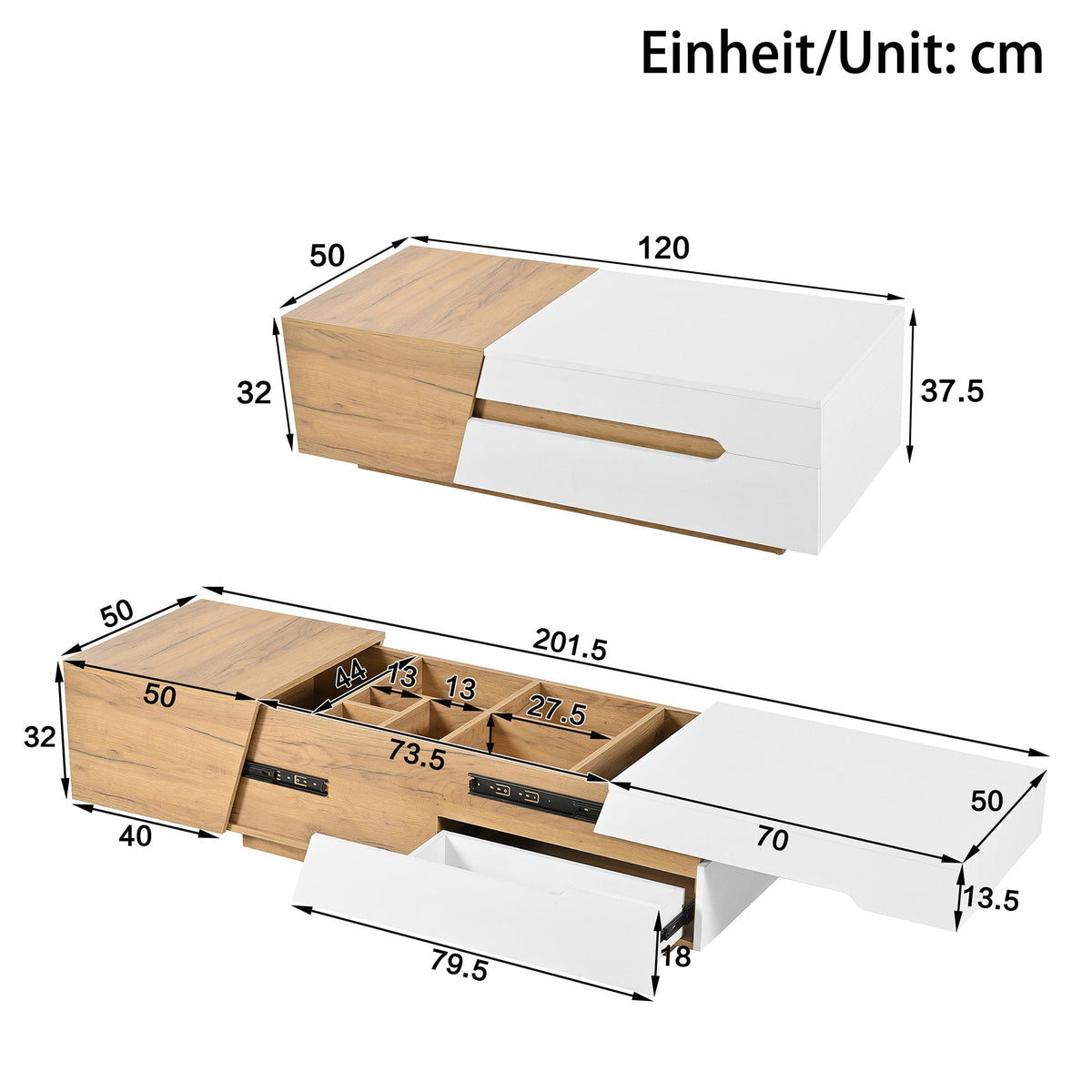 Extendable Coffee Table, Living Room Side Table with Drawers, Color Block Structure