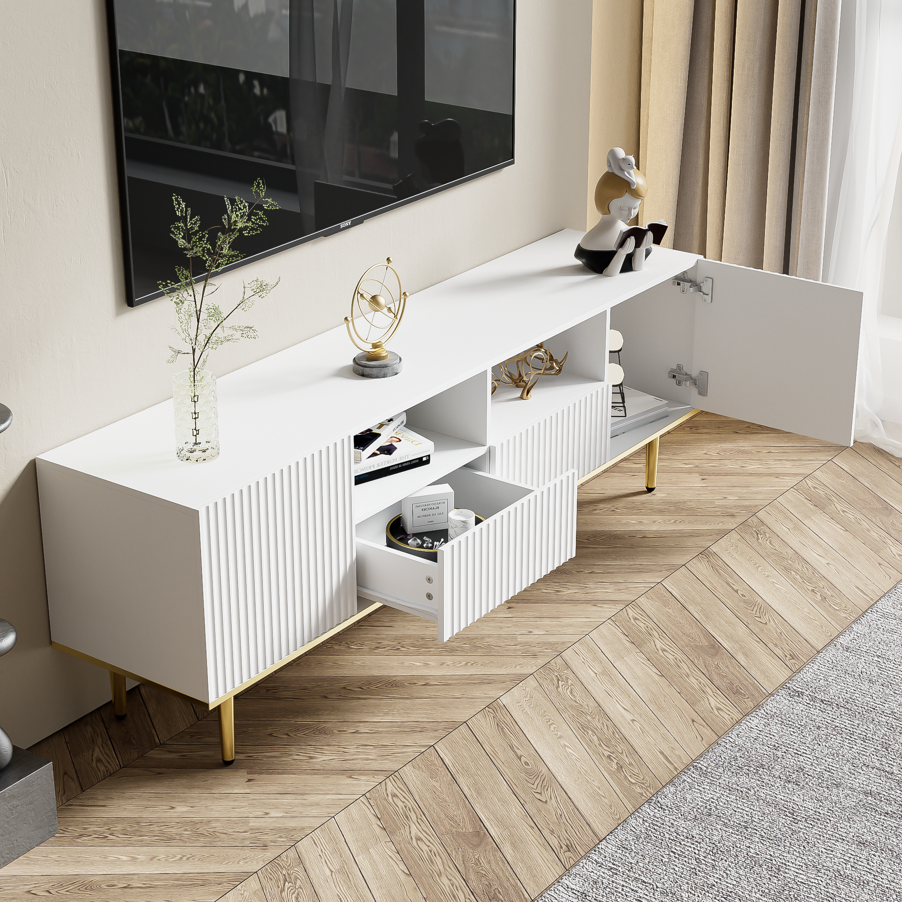 TV Cabinet, Modern with Gold Legs and Trim, Gold