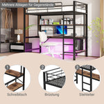 Loft Bed with Desk, LED Lights, USB and Power Outlet, Black Metal