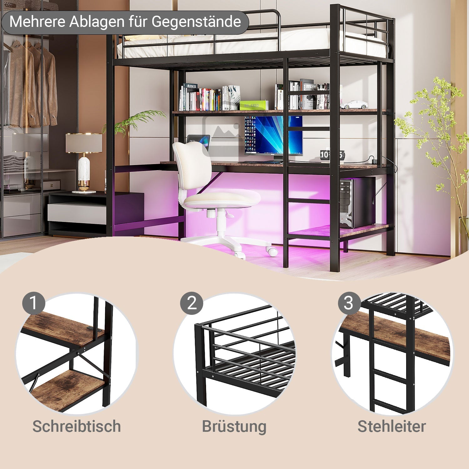 Loft Bed with Desk, LED Lights, USB and Power Outlet, Black Metal