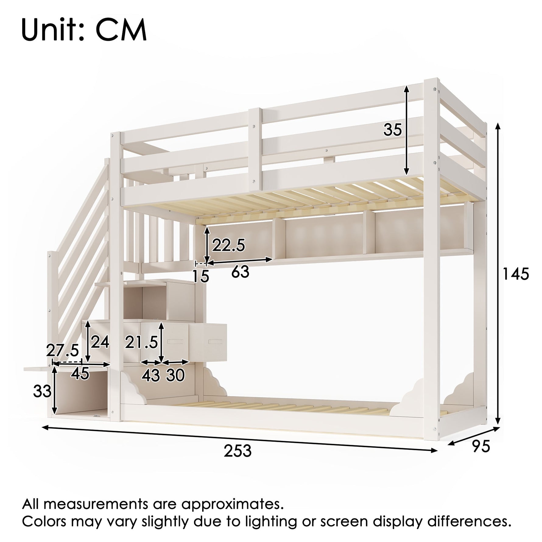 Bunk Bed 90x200cm with Staircase Storage & Safety Railing - White Wood