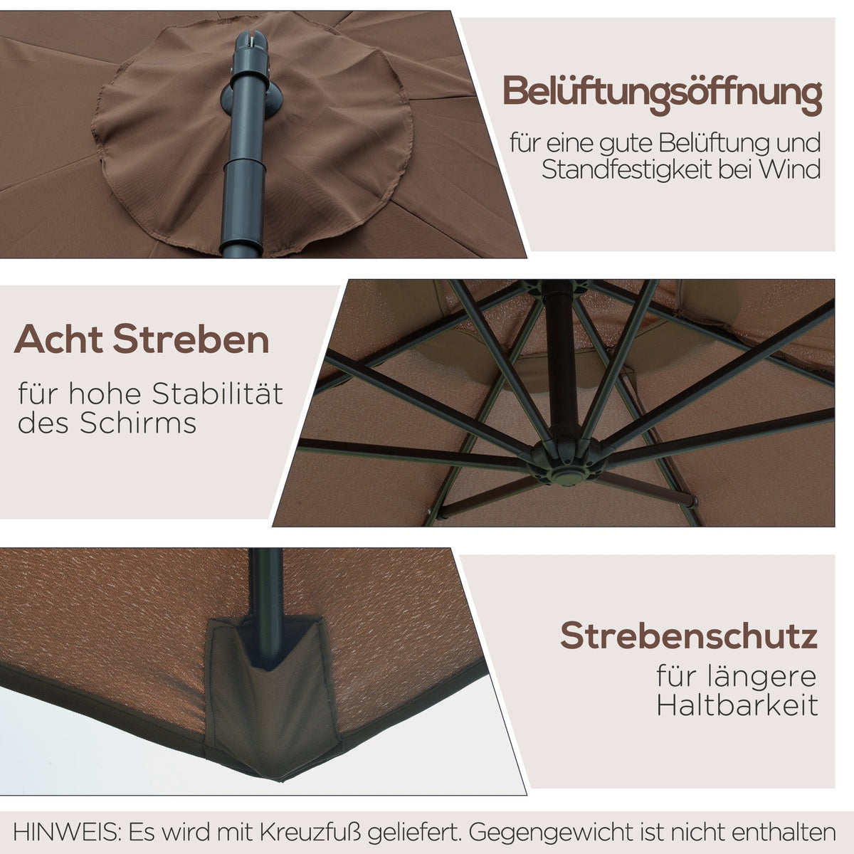 Cantilever Parasol, Sunshade Ø3x2.5m with Crank, Steel Frame, Coffee Polyester Fabric