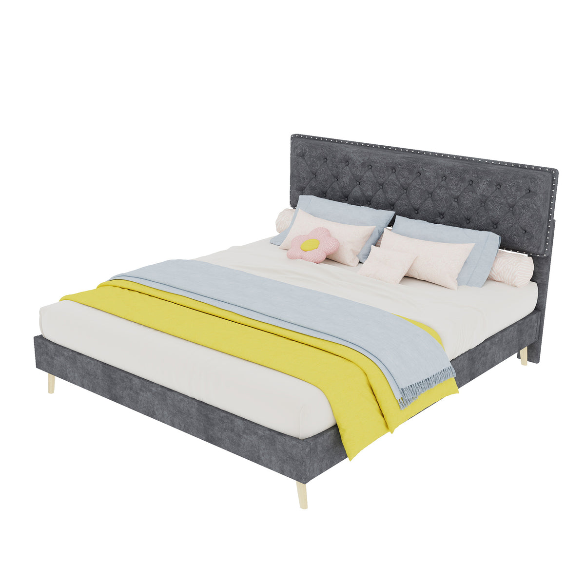Modern Minimalist Soft Bed with 160x200cm Mattress, Gray