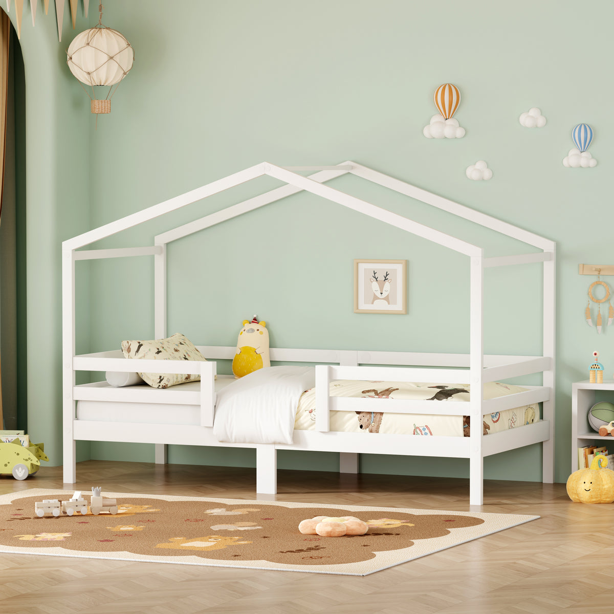 Children's House Bed 90x200cm Roof Design - Solid Pine, White