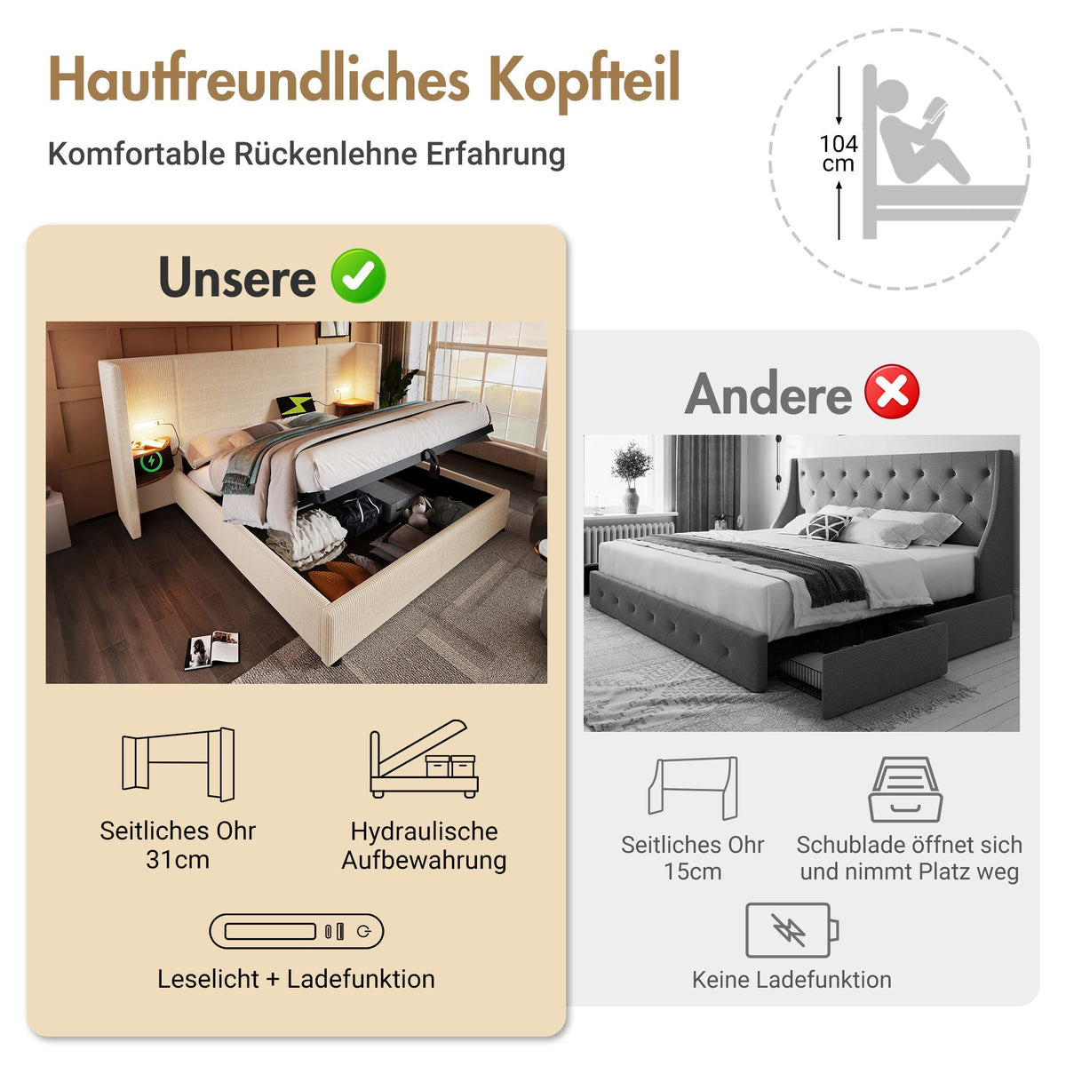 Upholstered Double Bed 180×200 with Bedside Table, Reading Lamp, USB-C, Solid Wood & Metal Frame, Beige-White Corduroy