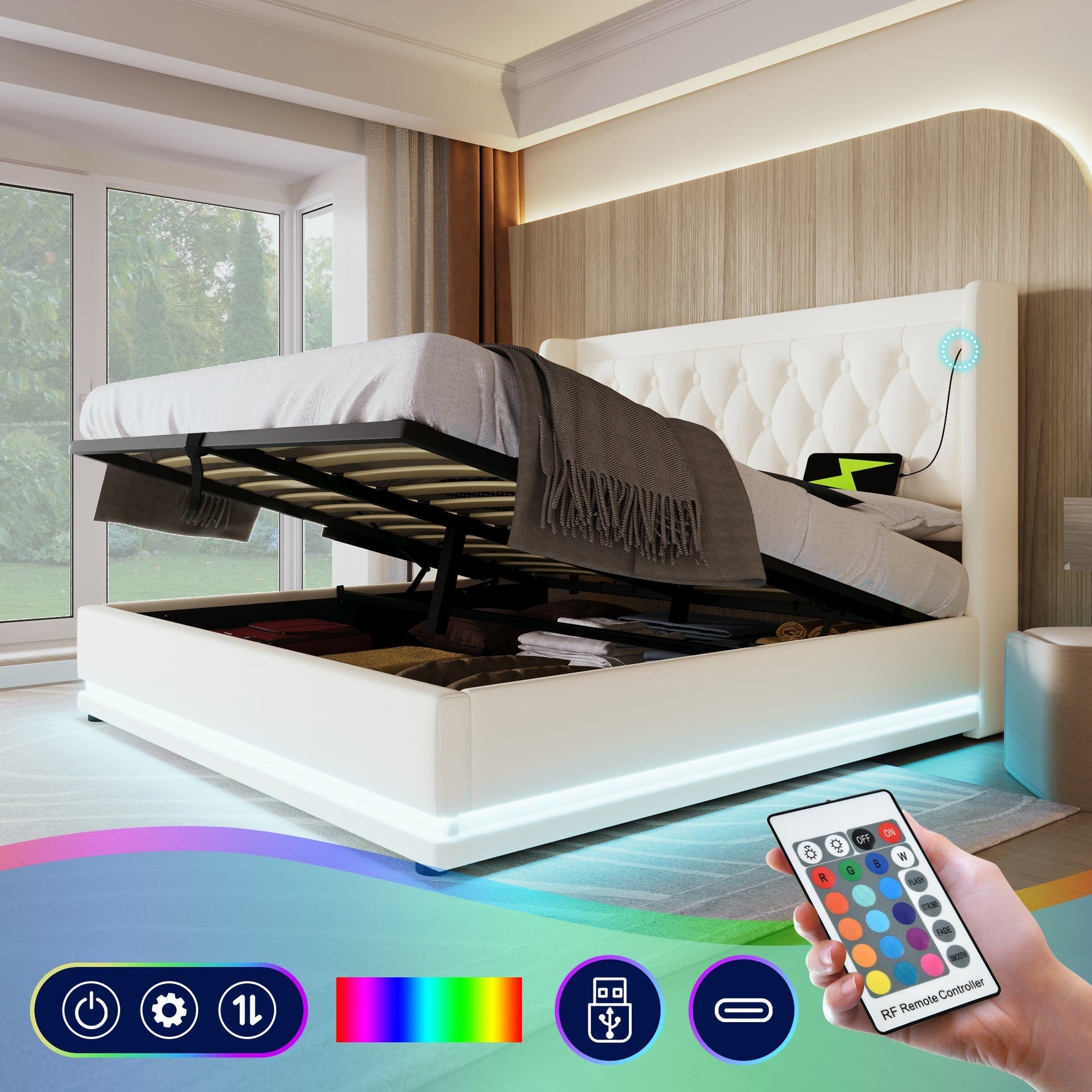 Upholstered Double Bed, Hydraulic Storage, USB-C, LED, White PU