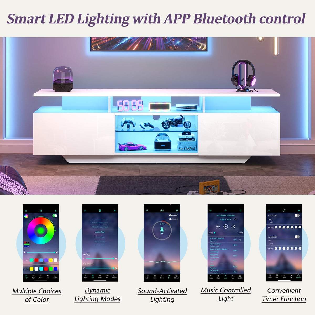 TV Cabinet 160x45cm High-Gloss LED Light 8 Shelves for 70-Inch TV, MDF