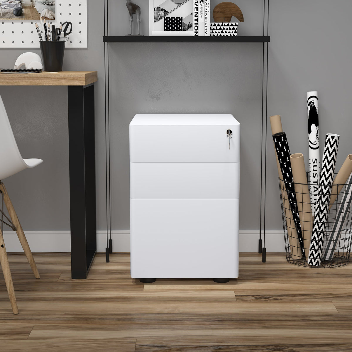 Mobile Filing Cabinet 3 Drawers Office Steel White 39x48x59cm