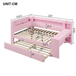 Upholstered Daybed with USB Ports, LED, Pull-out Bed and Desk, 140x200, Pink