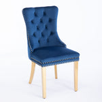 Dining Chair Set of 2 Tufted Velvet Upholstered Golden Legs Nailhead Trim - Blue