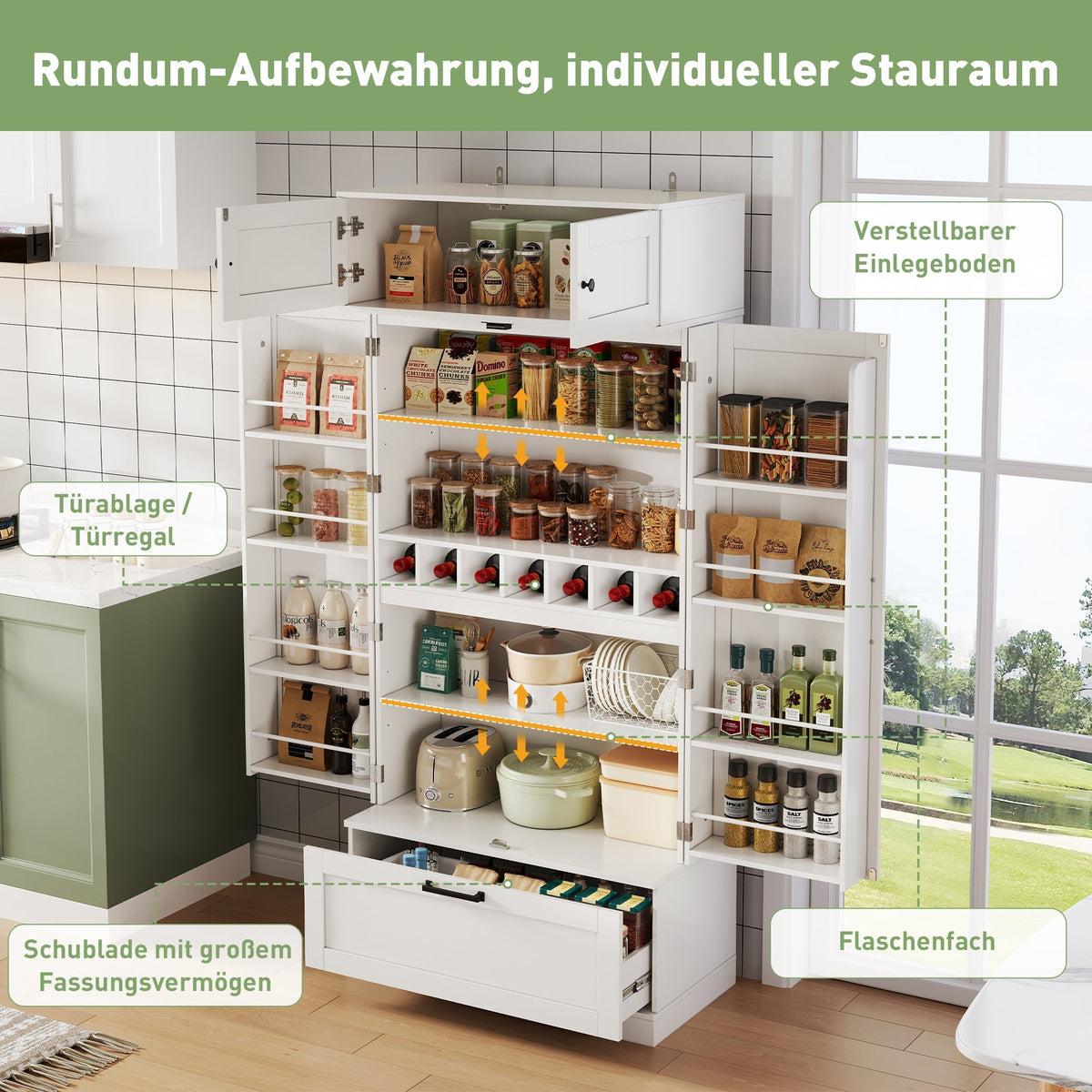 Kitchen Storage Cabinet 80x40x180cm Freestanding with Wine Rack & Adjustable Shelves, Industrial Style