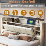 Upholstered Bed 140 x 200 cm, USB, Light Strip, Reversible Headboard, Storage, Metal Frame, Linen Fabric, Beige