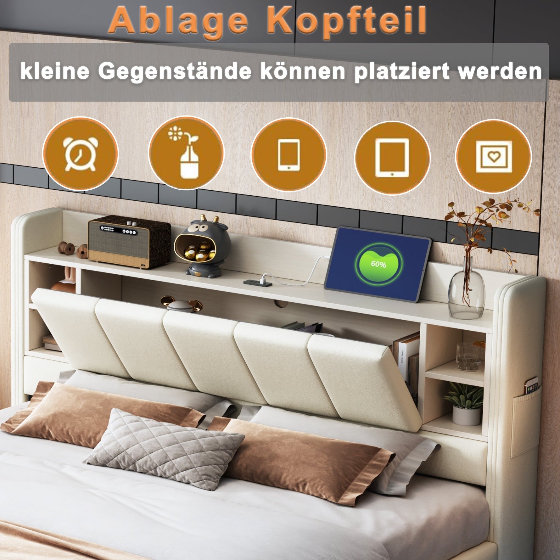 Upholstered Bed 140 x 200 cm, USB, Light Strip, Reversible Headboard, Storage, Metal Frame, Linen Fabric, Beige