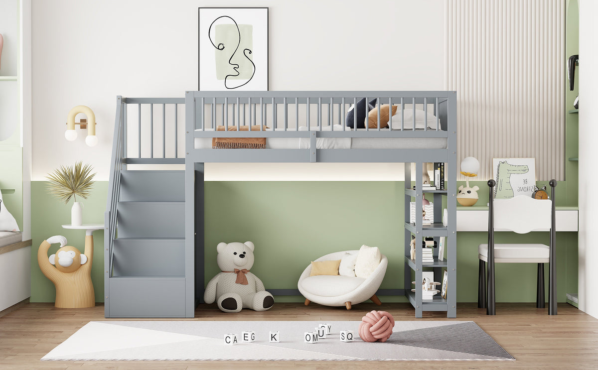 Loft Bed with Wardrobe, Shelves, Storage, Ladder, 90 x 200, Solid Wood, Grey