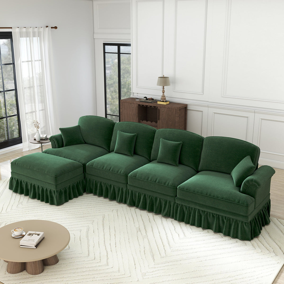 Classic Modular L-Shaped 4-Seater Sofa w/ Movable Ottoman Deep Seat, Chenille Green
